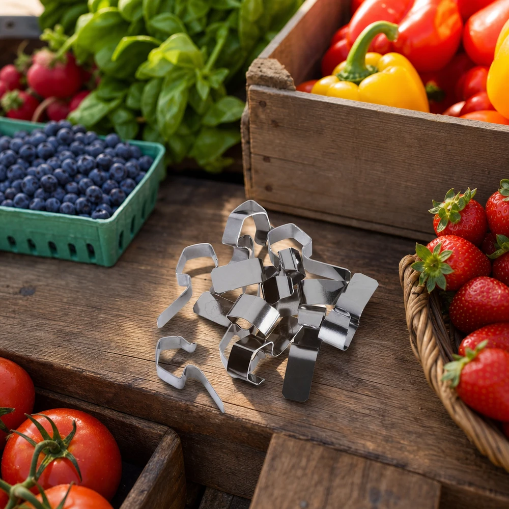 Einkochklammer Einkochklammern Edelstahl umgeben von frischem Gemüse Obst und Beeren auf rustikalem Holztisch Küchenzubehör