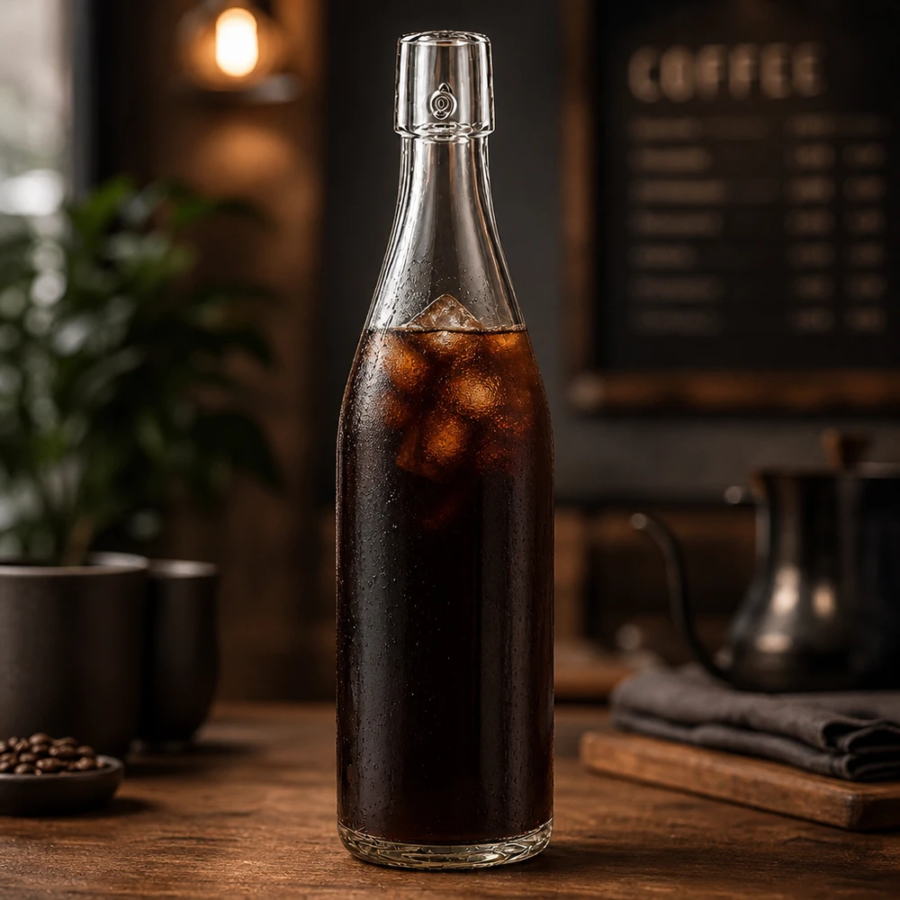 500ml Glasflasche ohne Bügelverschluss UNiTWIST® 500ml UNiTWIST Glasflasche mit Cold Brew Kaffee in Café-Atmosphäre zeigt professionelle Gastronomie-Anwendung