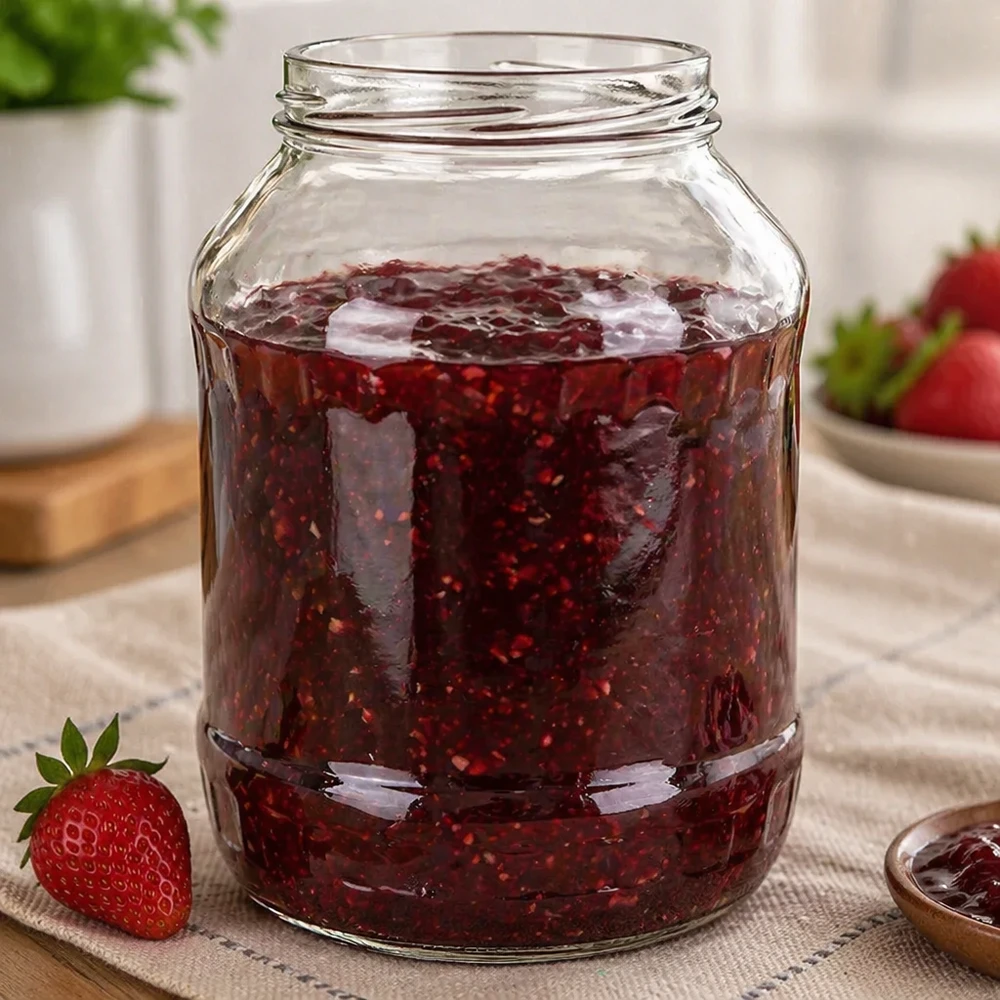 Sturzglas 2650ml mit Erdbeermarmelade gefüllt UNiTWIST Runda2650 Einmachglas TO100 Gewinde Anwendungsbeispiel