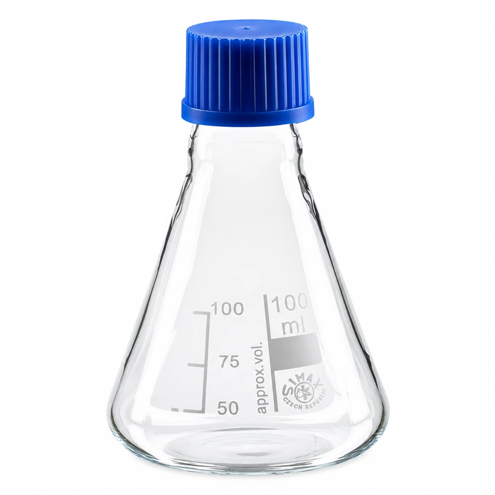 Erlenmeyerkolben 100ml mit Schraubkappe Erlenmeyerkolben 100ml Glas mit blauer Schraubkappe für Laborbedarf und professionelle Anwendung