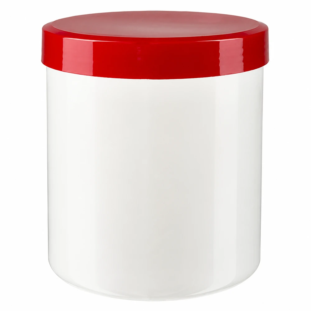 Salbenkruke 30g weiß mit rotem Schraubdeckel (Polypropylen) Salbenkruke 30g weiss PP-Kunststoff mit rotem Schraubdeckel für professionelle Abfüllung