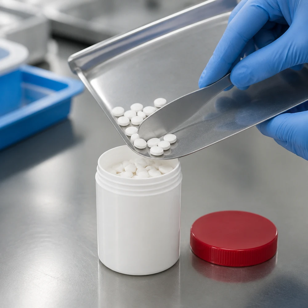 Weiße PP-Salbenkruke 20g mit rotem Schraubdeckel beim professionellen Befüllen mit Tabletten im Labor