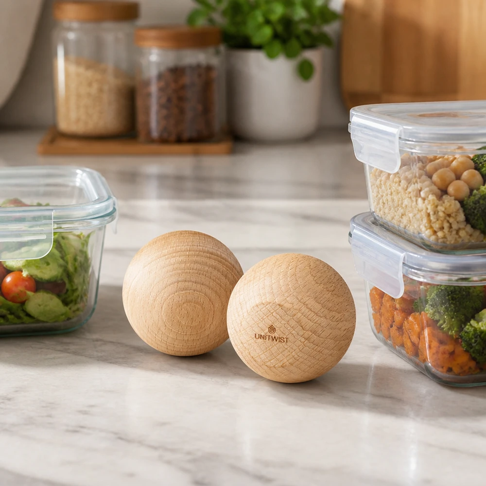 UNiTWIST Holzkugel (Buche) für WECK RR60 UNiTWIST Holzkugeln Buche WECK RR60 in moderner Küche mit Meal-Prep-Boxen und Vorratsgläsern Lifestyle-Szene