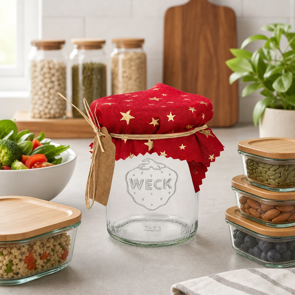 Rotes Sterne-Stoffdeckchen 12cm auf leerem WECK Glas Küchentisch mit Vorratsgläsern und frischem Gemüse Ambiente