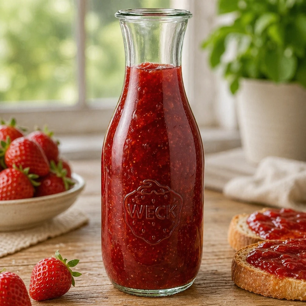 1062ml Saftflasche WECK RR60 WECK Saftflasche 1062ml RR60 gefüllt mit hausgemachter Erdbeermarmelade neben Brotscheiben und frischen Beeren