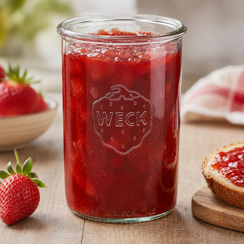 WECK Sturzglas 1000ml RR100 mit Erdbeermarmelade gefüllt auf Holztisch mit frischen Erdbeeren und Brot