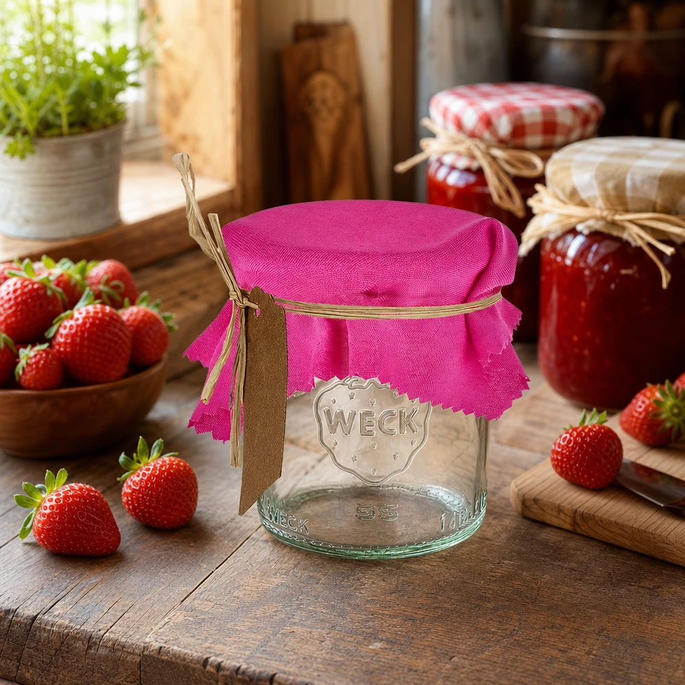Pinkes Schmuckdeckchen 12cm eckig auf Einmachglas in rustikaler Küche mit frischen Erdbeeren und Marmeladengläsern