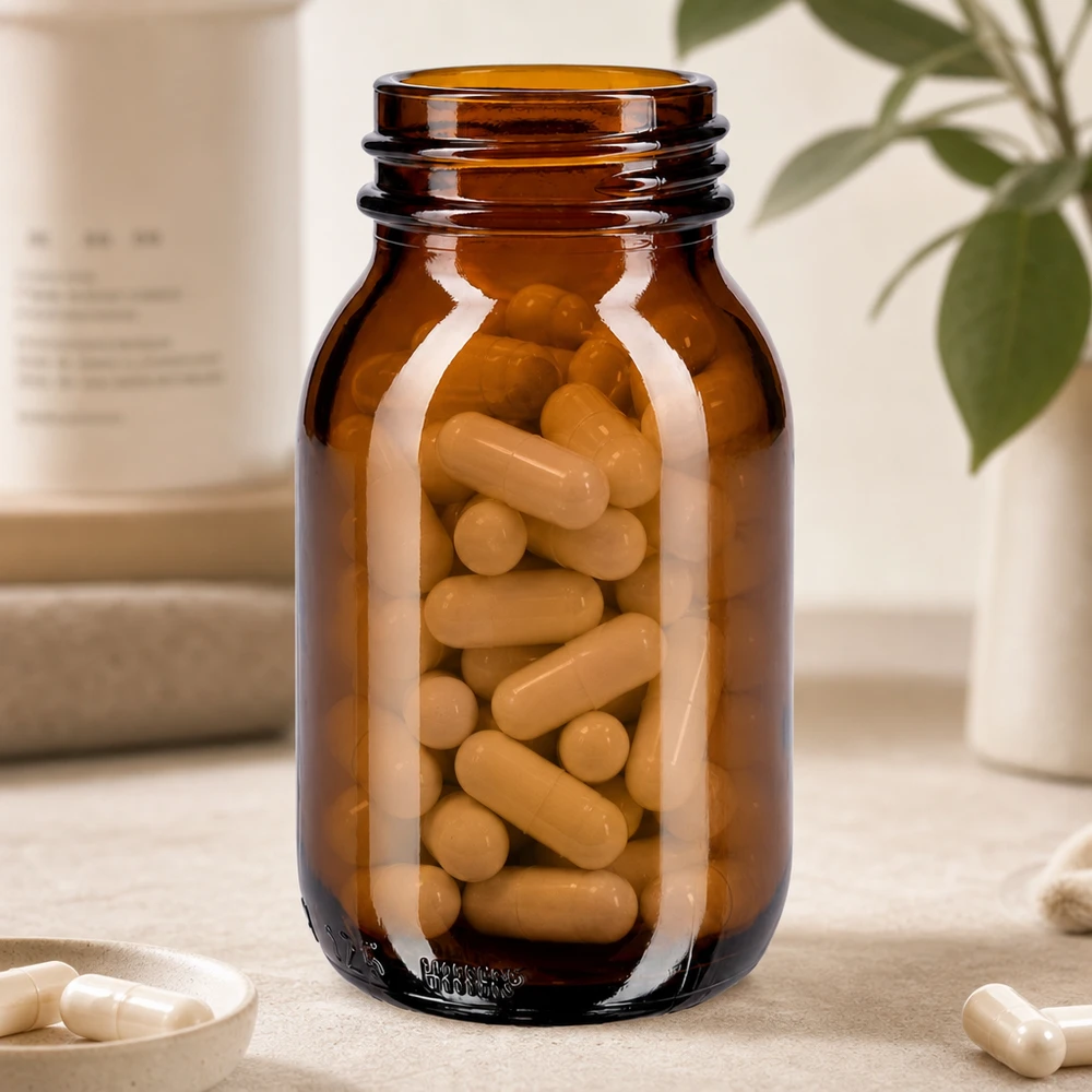 125ml Weithalsflasche aus Braunglas gefüllt mit Kapseln für professionelle pharmazeutische und gewerbliche Anwendungen