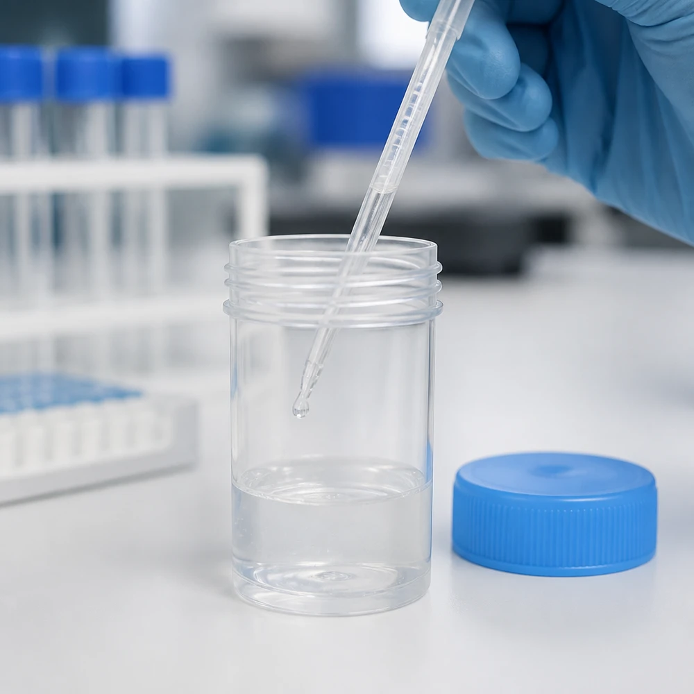 Kunststoffdose 20ml Pathogefäß transparent mit blauem Deckel im Labor mit Pipette befüllt