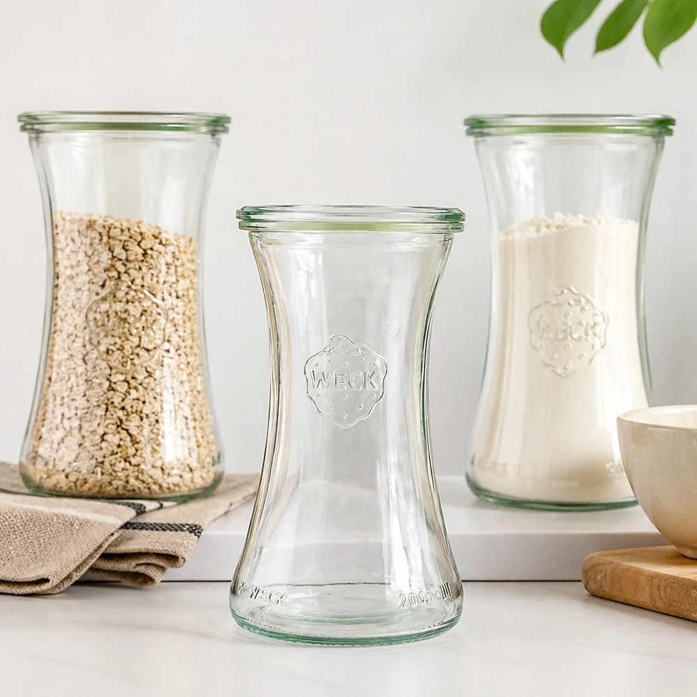 WECK RR60 Glas 200ml in Küchenambiente mit gefüllten Vorratsgläsern und natürlicher Deko auf weißer Arbeitsfläche