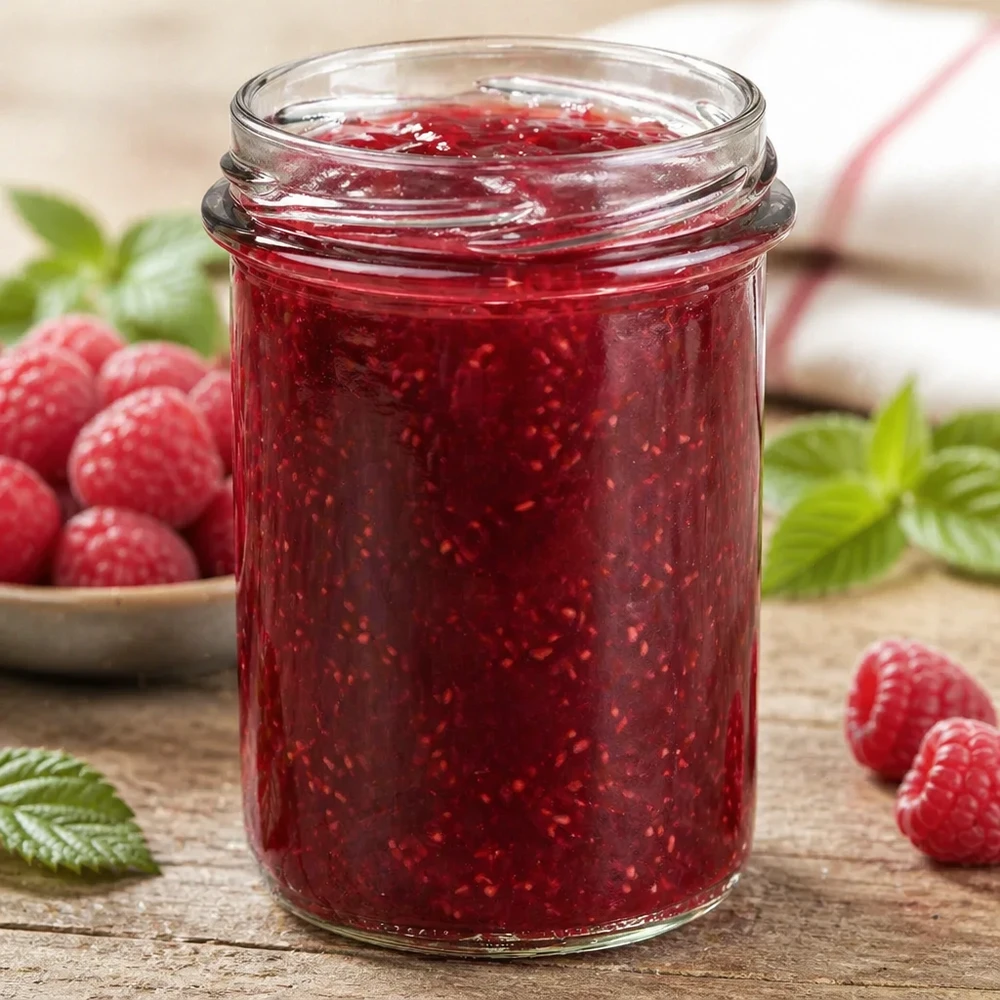 UNiTWIST Sturzglas 230ml TO66 mit roter Marmelade gefüllt, umgeben von frischen Himbeeren und grünen Blättern