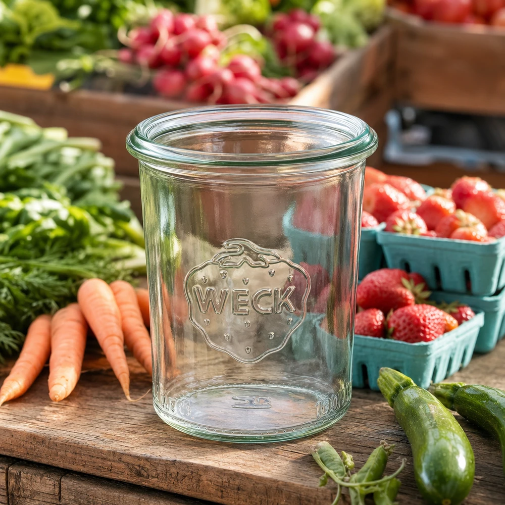 160ml WECK Sturzglas RR60 aus klarem Glas auf Holztisch umgeben von frischem Gemüse und Obst