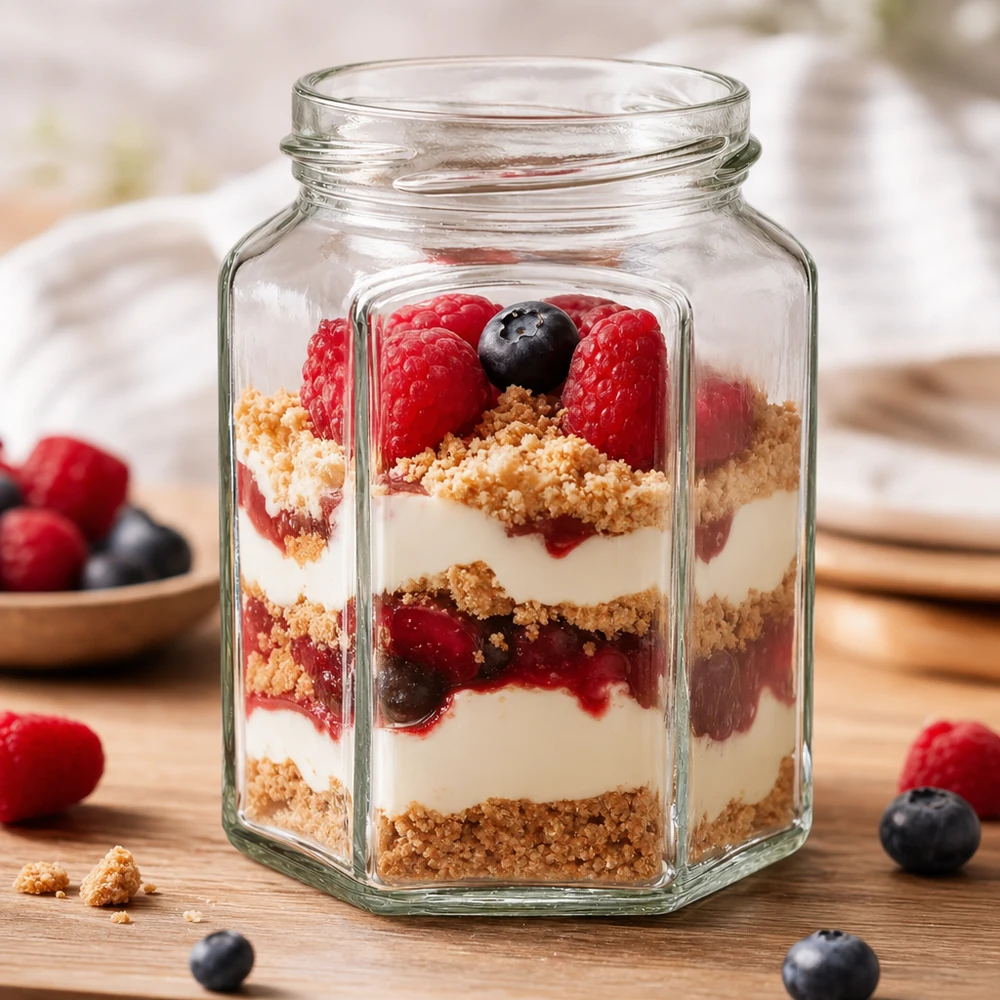 Sechseckiges 288ml Einmachglas aus Glas mit TO63 Verschluss gefüllt mit Dessert für professionelle Gastronomie und Leben