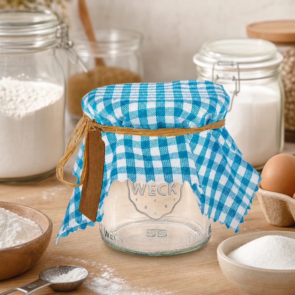 Türkis-kariertes Stoff Schmuckdeckchen in Küche mit Weckglas, Mehl und Backzutaten als Küchenausstattung