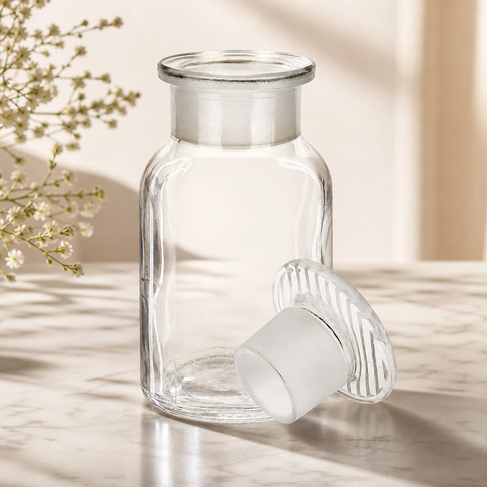 Rundschulterflasche 100ml Weithals klar mit Glasstopfen für professionellen Laborbedarf