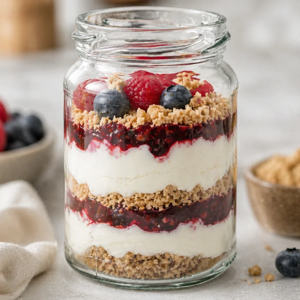 UNiTWIST Runda205 Rundglas 205ml mit geschichtetem Dessert aus Joghurt Beeren und Streuseln TO58 Einmachglas