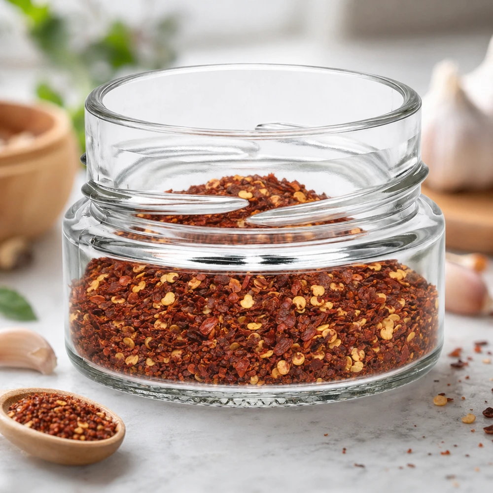 UNiTWIST Runda80 Rundglas 80ml TO58deep mit Chili-Gewürzmischung gefüllt auf Küchenarbeitsplatte