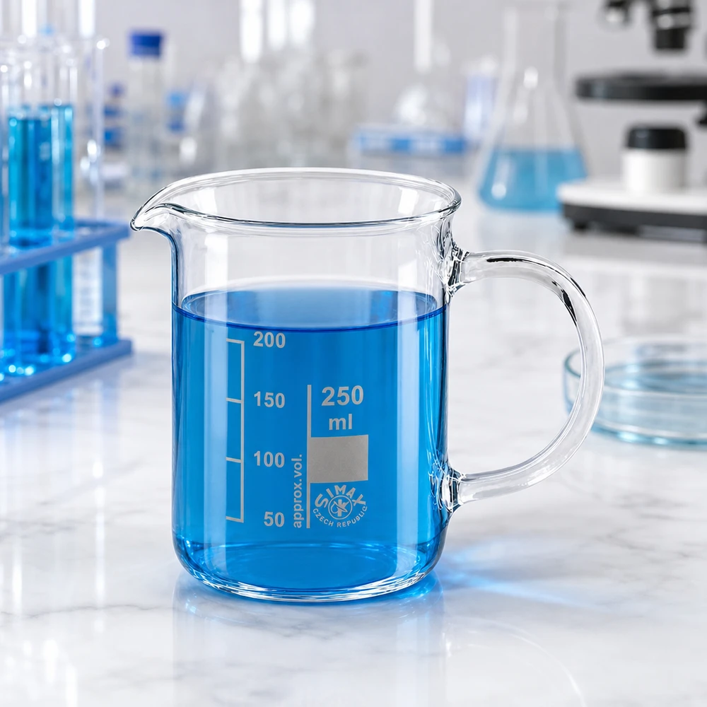 Becherglas 250ml Borosilikatglas mit Henkel gefüllt mit blauer Flüssigkeit im Laborumfeld