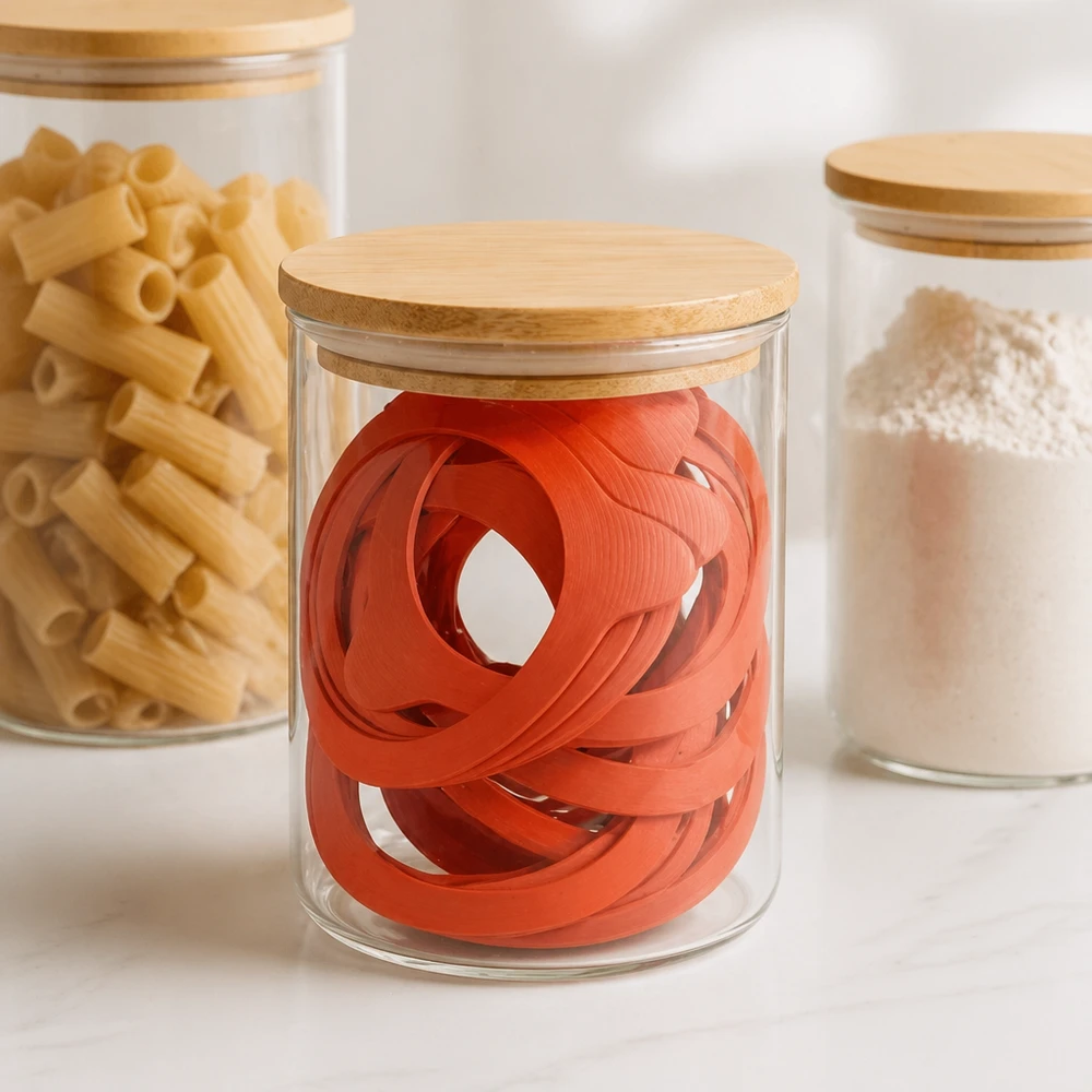 Einkochring Naturgummi RR80 Einkochringe RR80 Naturgummi orange in Vorratsglas mit Holzdeckel neben Nudeln und Mehl professionelle Küche