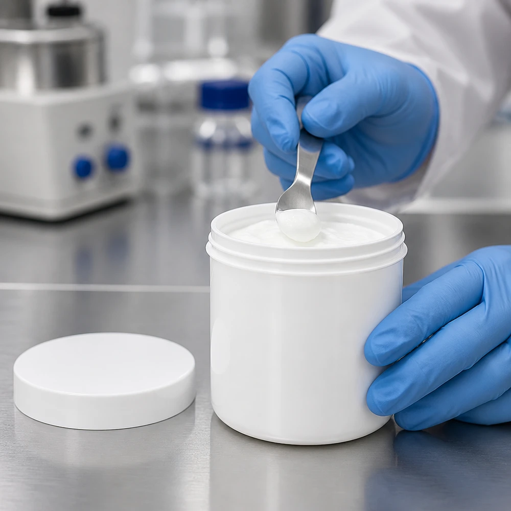 Salbenkruke 200g weiß mit weißem Schraubdeckel (Polypropylen) Salbenkruke 200g weiß PP Schraubdeckel Labor Apotheke pharmazeutische Verpackung professionell