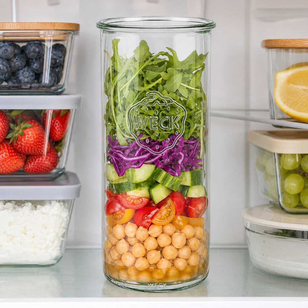 WECK RR100 Sturzglas 1500ml mit geschichtetem Salat aus Kichererbsen, Gemüse und Blattgrün in weißer Küche