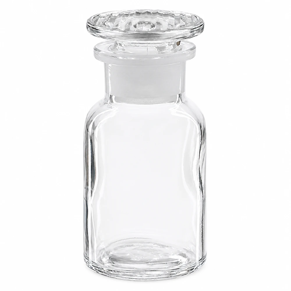 Rundschulterfl. 100ml klar Weithals Glasstopfen Rundschulterflasche 100ml klar Weithals mit Glasstopfen für professionellen Laboreinsatz