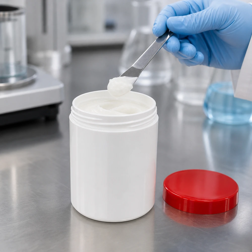 Salbenkruke 300g weiß mit rotem Schraubdeckel (Polypropylen) Salbenkruke 300g weiß PP mit rotem Schraubdeckel im Labor für professionelle Abfüllung