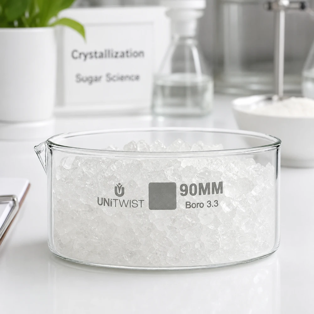 Kristallisierschale ø90mm Borosilikatglas UNiTWIST Kristallisierschale 90mm Borosilikatglas Boro 3.3 UNiTWIST mit Zuckerkristallen im Labor