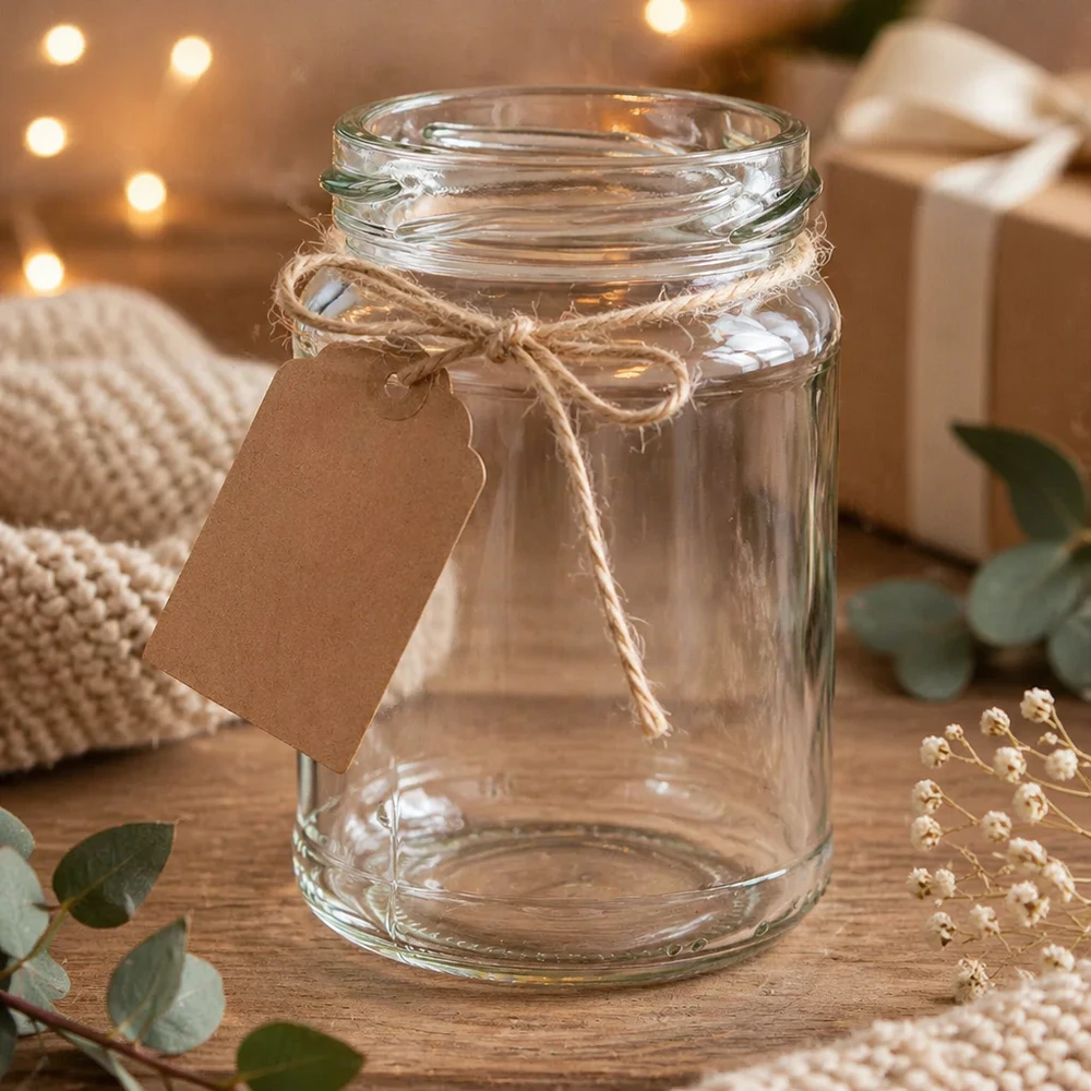 UNiTWIST Runda205 Rundglas 205ml TO58 Einmachglas mit Kraftpapier-Anhänger und Juteschnur auf Holztisch