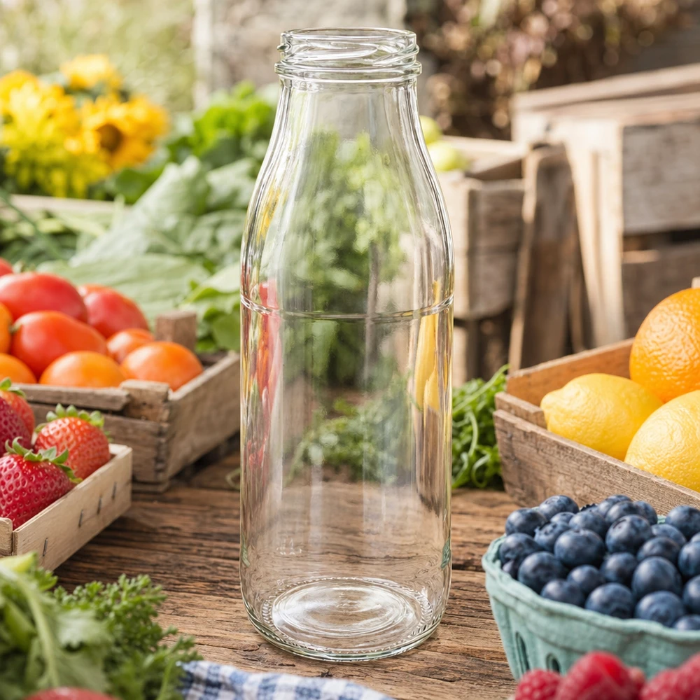 500ml Glasflasche TO48 UNiTWIST leer auf rustikalem Holztisch umgeben von frischem Obst und Gemüse in Holzkisten