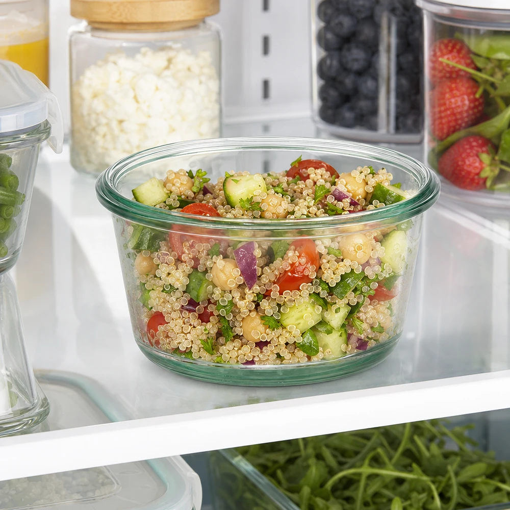 WECK RR100 290ml Gourmetglas mit Quinoa-Salat gefüllt im Kühlschrank zur Meal-Prep Aufbewahrung von Speisen