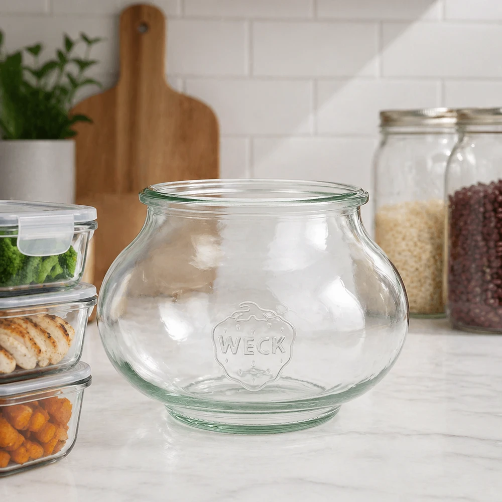 WECK Schmuckglas 560ml RR80 in moderner Küche zwischen Vorratsgläsern und Glasdosen auf weißer Arbeitsplatte