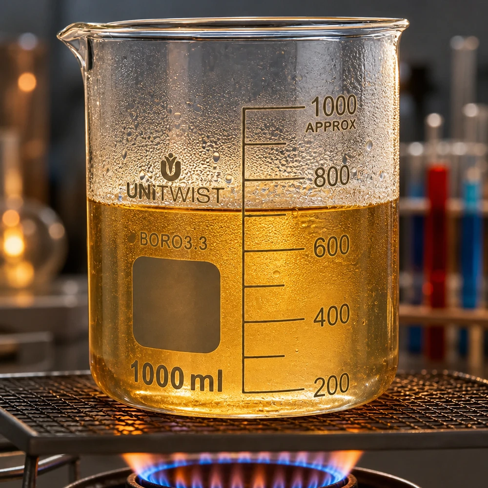 Becherglas 1000ml Borosilikat niedrige Form UNiTWIST mit goldfarbener Flüssigkeit auf Gasbrenner