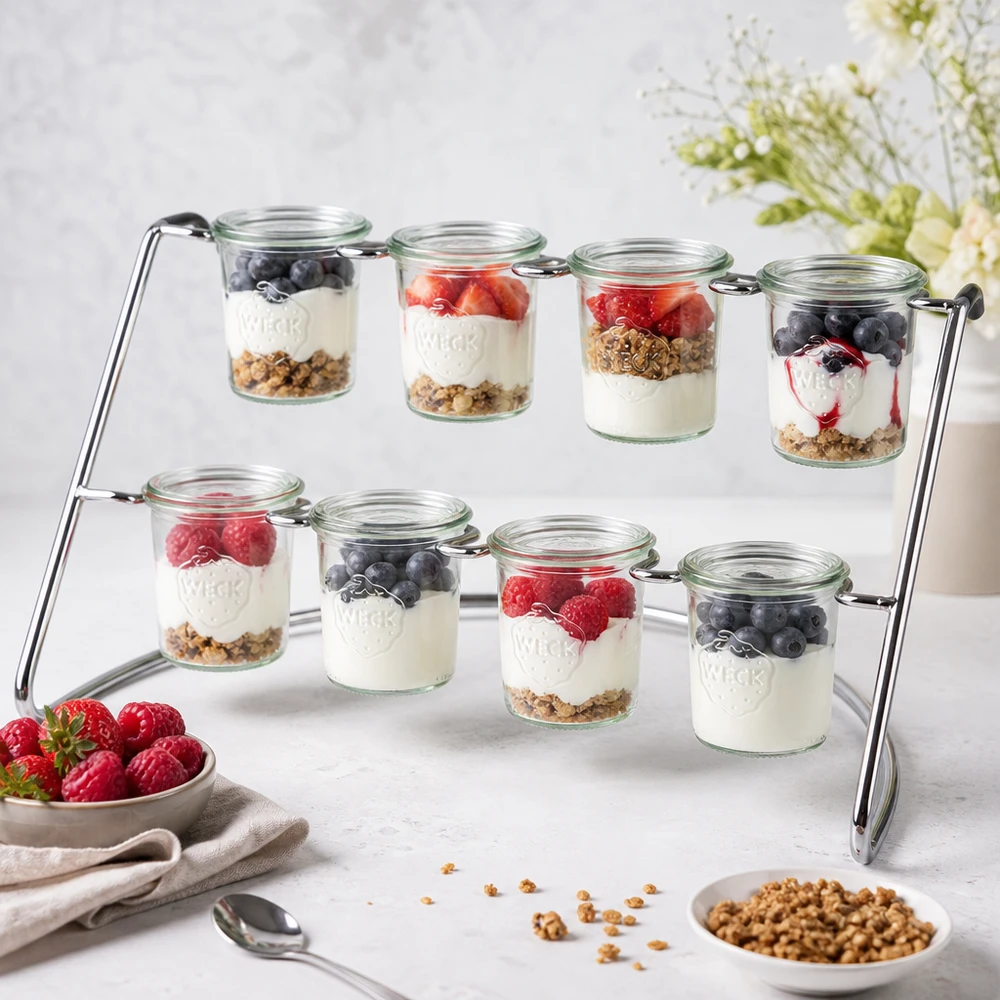 Serviergestell Flato8 für 8 WECK Sturzgläser Serviergestell Flato8 mit Joghurt-Parfait und Beeren in WECK Gläsern als Dessert-Buffet auf weißer Marmorplatte