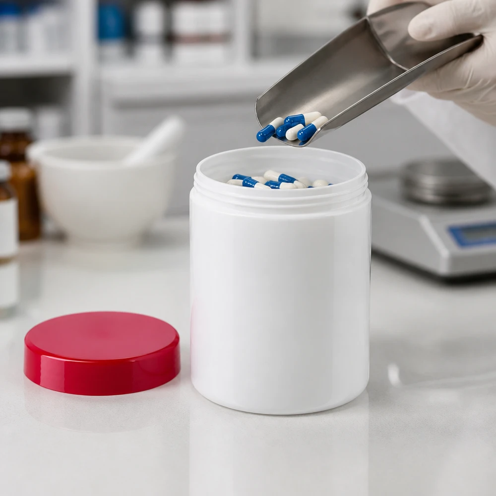 Salbenkruke 75g weiß PP-Kunststoff mit rotem Schraubdeckel für pharmazeutische Abfüllung im Labor