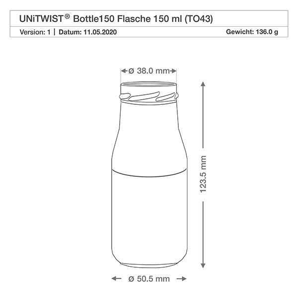 150ml Flasche ohne Deckel (TO43) UNiTWIST UNiTWIST Bottle150 Glasflasche 150ml TO43 mit Maßangaben 38mm Durchmesser 123,5mm Höhe technische Zeichnung