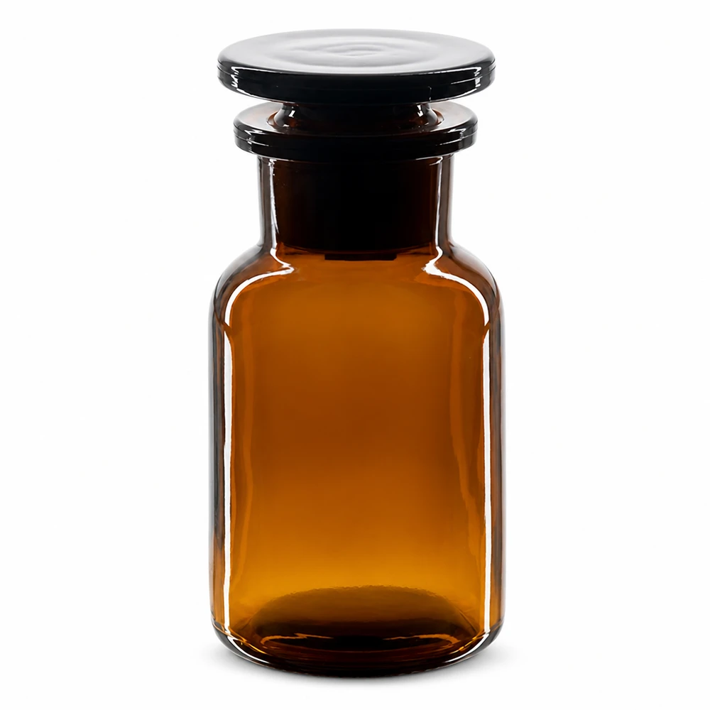 Rundschulterfl. 100ml braun Weithals Glasstopfen Rundschulterflasche 100ml Braunglas Weithals mit Glasstopfen für professionellen Laboreinsatz