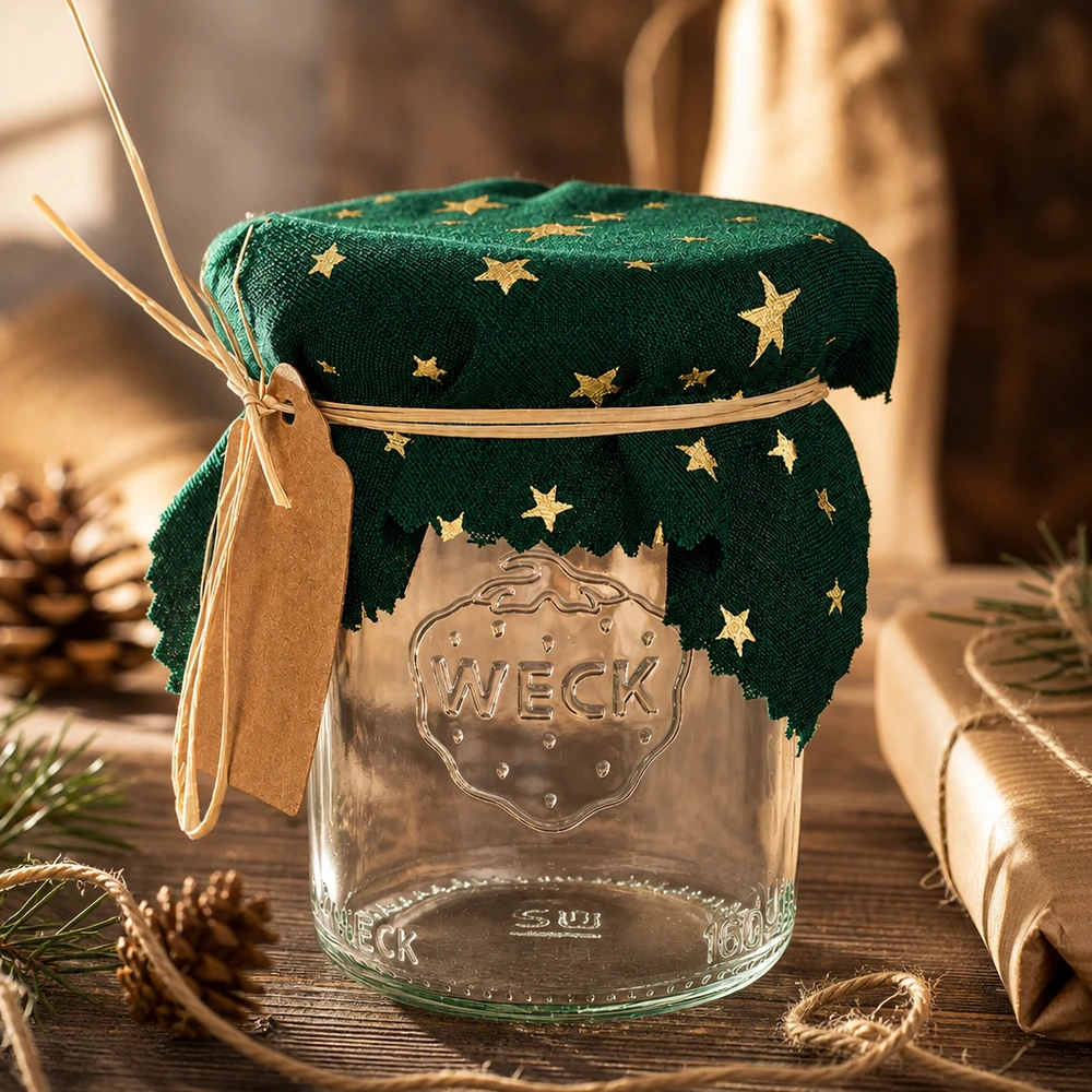 Weihnachtliche Dekoration mit grünem Sterne-Schmuckdeckchen 12cm eckig auf Weck-Glas zwischen Tannenzapfen und Geschenke