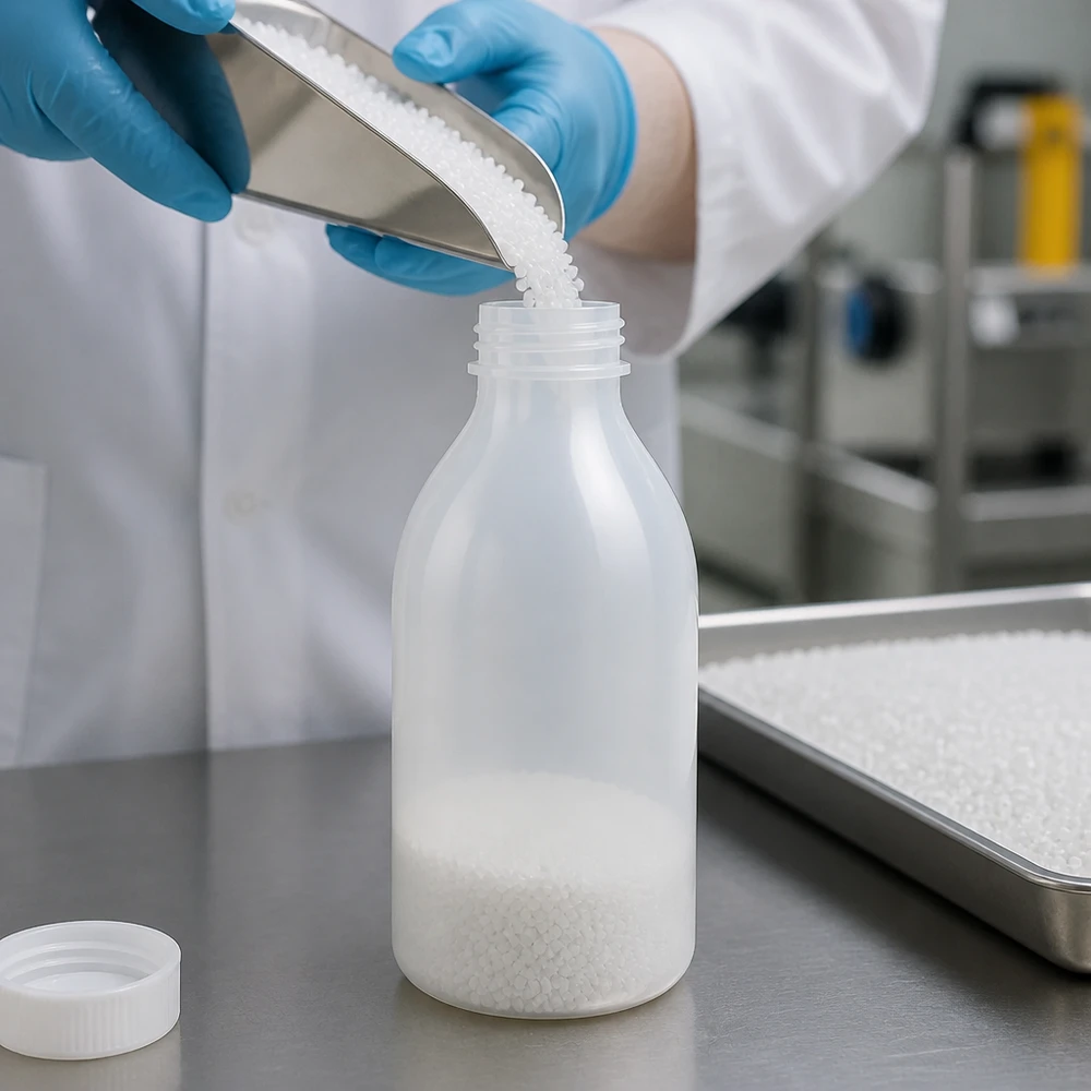 250ml Enghals-Laborflasche aus HDPE beim Befüllen mit Granulat im professionellen Laborbereich