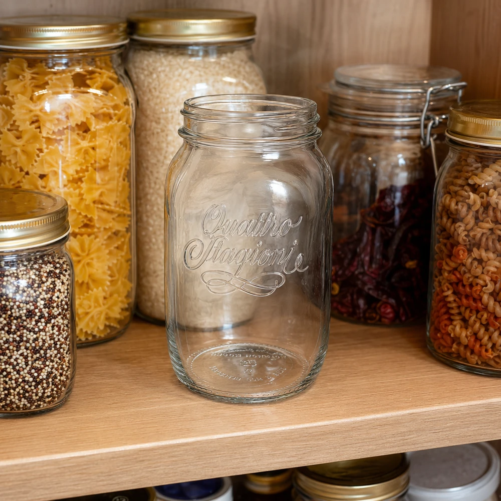 1000ml Rundglas "Quattro Stagioni" QS86mm 1000ml Quattro Stagioni Haushaltsglas leer vor gefüllten Vorratsgläsern mit Pasta und Getreide im Küchenschrank