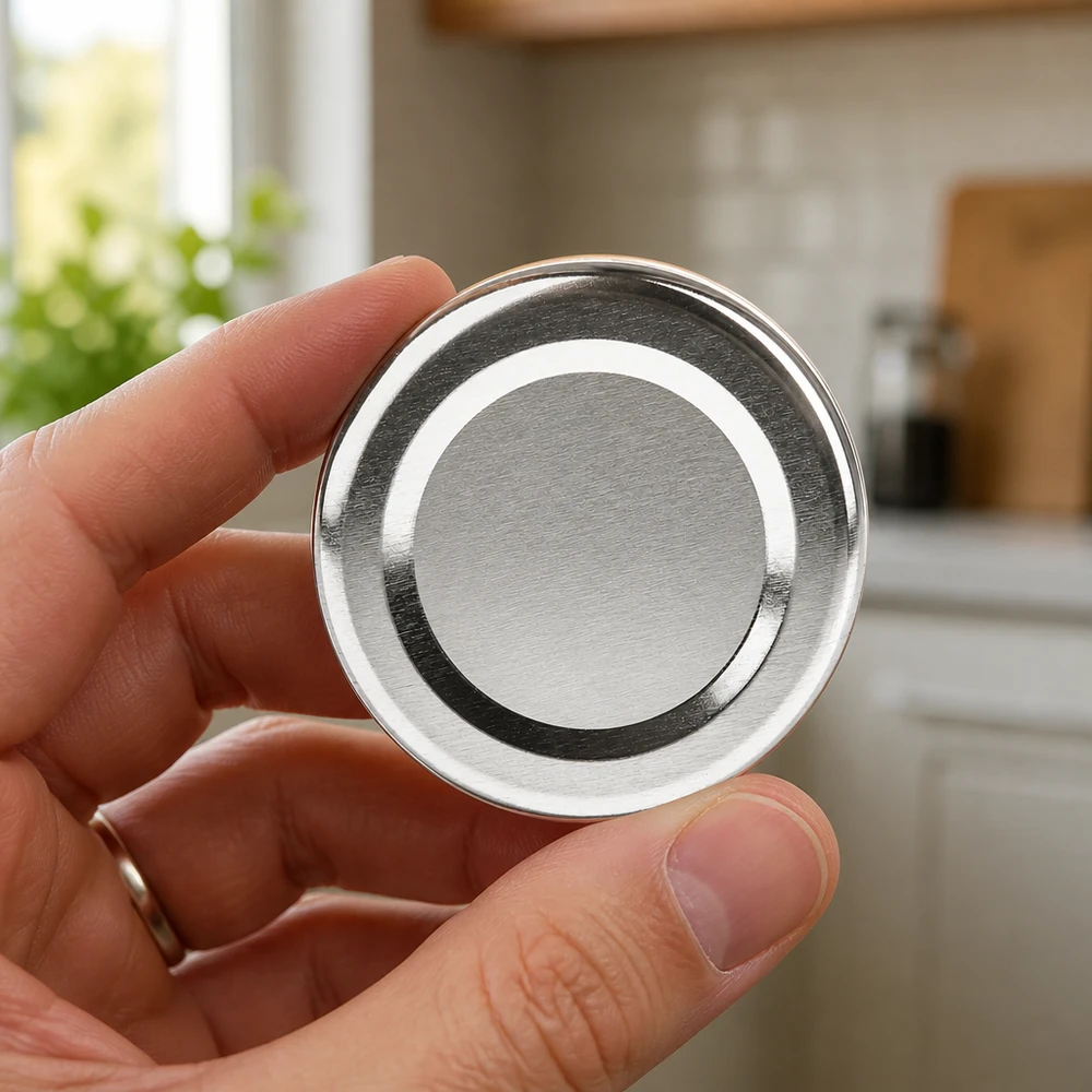 48mm BasicSeal Deckel silber (TO48) UNiTWIST 48mm TO48 BasicSeal Twist-Off-Deckel silber aus Weißblech für gewerbliche Abfüllung in der Hand