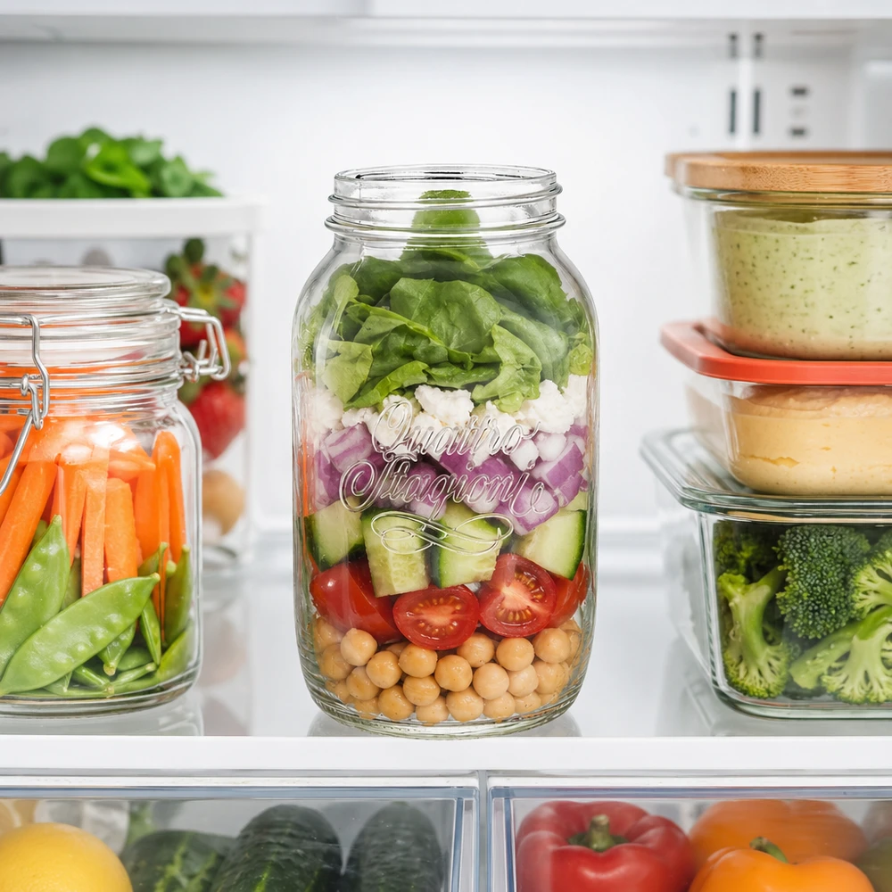 1500ml Rundglas "Quattro Stagioni" QS86mm 1500ml Quattro Stagioni Haushaltsglas mit Schichtsalat gefüllt im Kühlschrank neben anderen Vorratsgläsern mit Gemüse