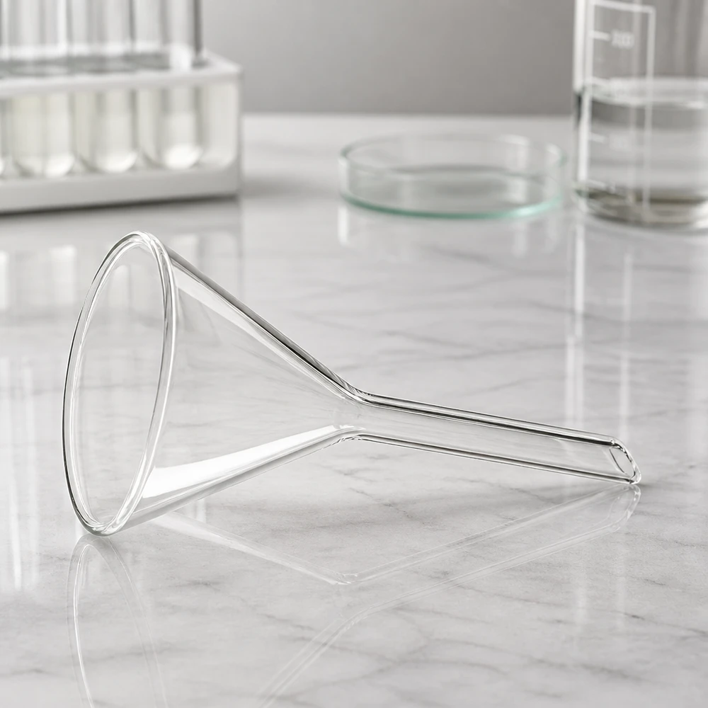 Glastrichter 55mm Durchmesser Kalk-Soda Glas 60 Grad Winkel Kurzstiel für professionelle Laboranwendungen