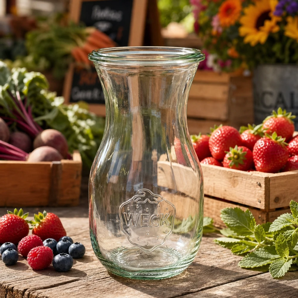 290ml Saftflasche WECK RR60 WECK Saftflasche 290ml RR60 auf Holztisch umgeben von frischen Beeren Erdbeeren und Kräutern im Bauernmarkt-Stil