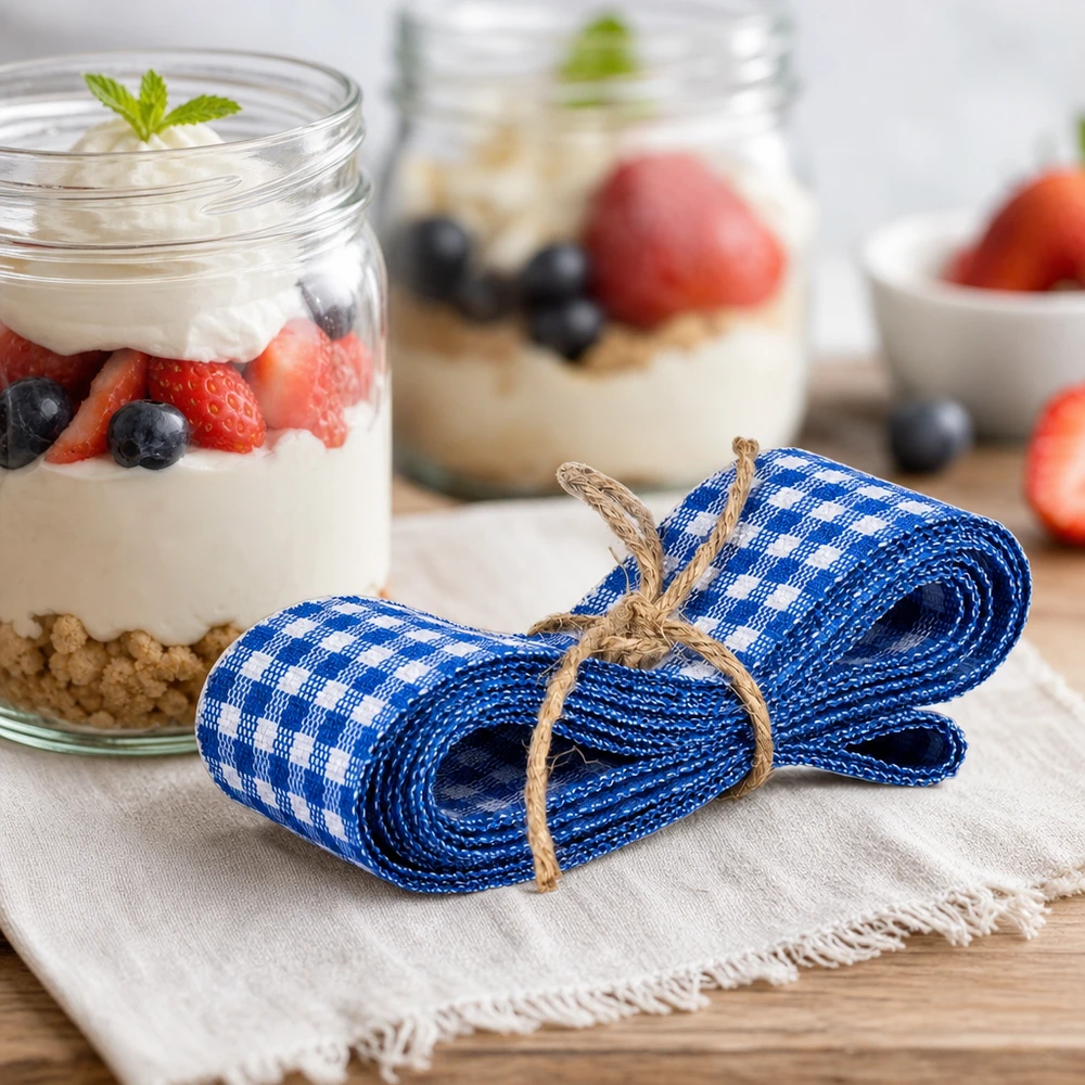 Blau-weißes kariertes Stoffband 300cm dekorativ gebunden neben Dessertgläsern mit Joghurt und Beeren
