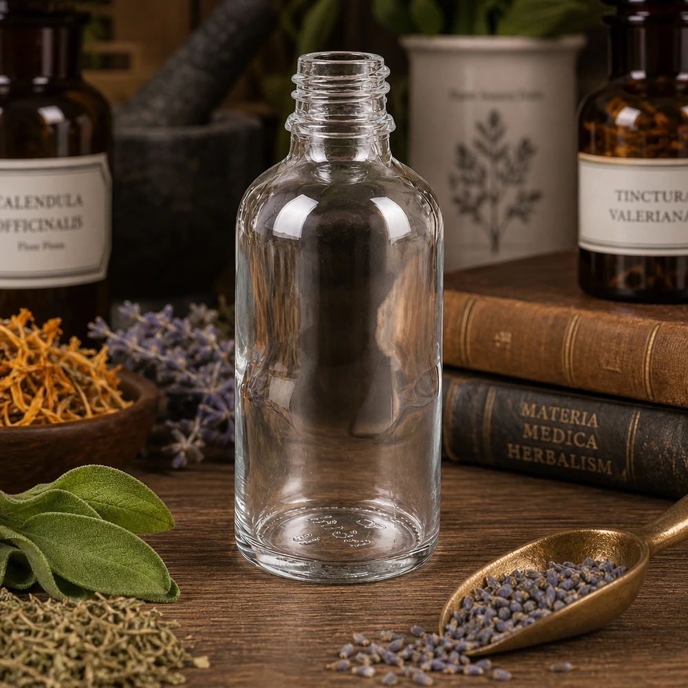 Klarglas Flasche 50ml DIN 18 50ml Apothekenflasche aus klarem Glas für professionelle Anwendung in Pharmazie und Kosmetik bei Pacadura