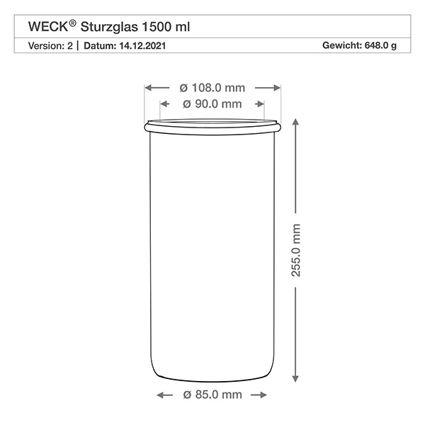 1500ml Sturzglas WECK RR100 Technische Zeichnung WECK Sturzglas 1500ml RR100 mit Maßangaben, Durchmesser 108mm, Höhe 255mm, Gewicht 648g