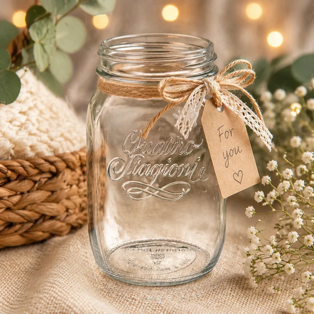 1000ml Rundglas "Quattro Stagioni" QS86mm 1000ml Quattro Stagioni Haushaltsglas mit rustikaler Dekoration und For You Anhänger auf natürlichem Hintergrund