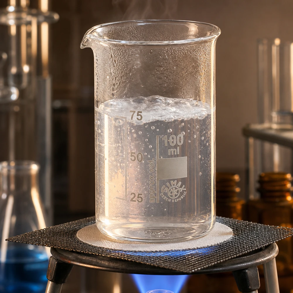 Becherglas 100ml Borosilikatglas hohe Form auf Bunsenbrenner erhitzt im Labor professioneller Einsatz