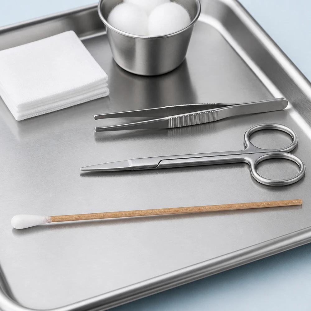 Wattestäbchen UNSTERIL Unsterile Wattestäbchen auf medizinischem Edelstahltablett mit Holzschaft für professionellen Einsatz im Fachhandel